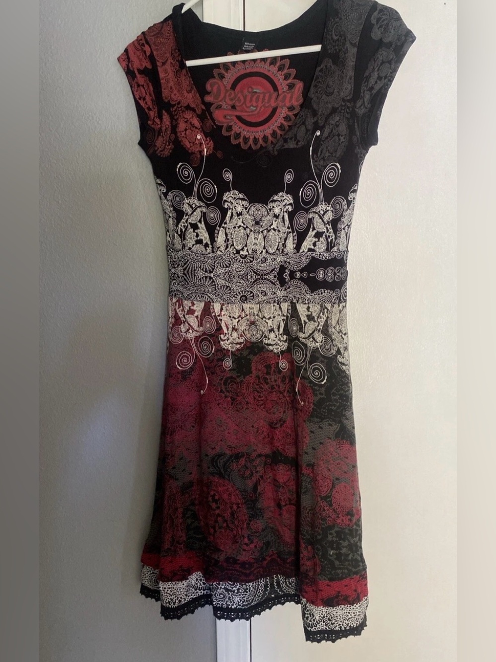 DESIGUAL Vtg Dress Black Floral Scoop Neck Crocheted Edge Size X-Small